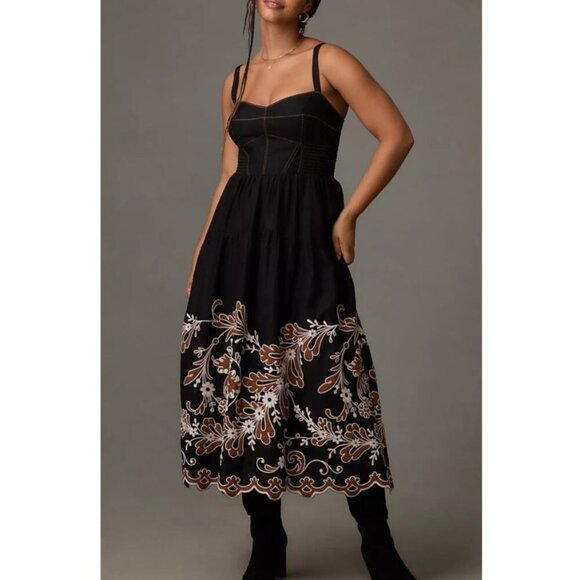 Anthropologie 1X Corset Bodice Linen Blend Embroidered Scalloped Hem Midi Dress - Picture 5 of 16